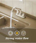 Brushed Nickel Utility Sink And Laundry Faucet For Home Use, 4 Inch Center Set, 360 Rotating Swivel Spout, flowing water