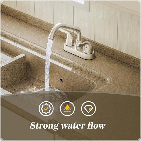 Brushed Nickel Utility Sink And Laundry Faucet For Home Use, 4 Inch Center Set, 360 Rotating Swivel Spout, flowing water