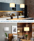Plug In Pendant Light With 15 Ft Cord, On Off Switch, White Fabric Linen Shade in modern kitchen and living spaces