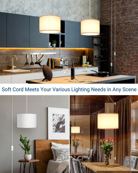 Plug In Pendant Light With 15 Ft Cord, On Off Switch, White Fabric Linen Shade in modern kitchen and living spaces