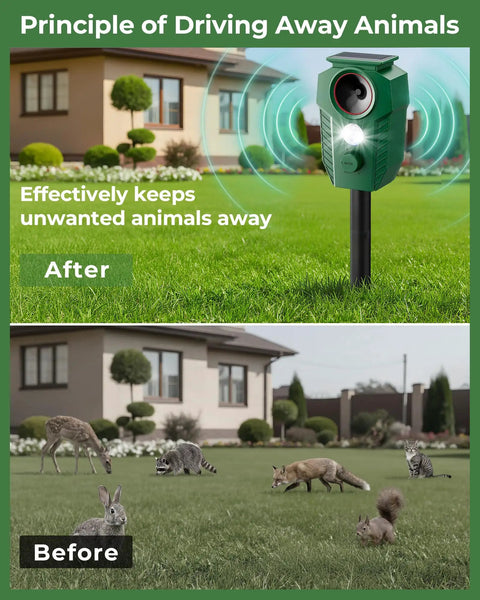 Solar Ultrasonic Deer Repellent With Motion Sensor And Led Flashing Lights For Outdoor Yard Garden And Lawn Keep Deer Cats Raccoons Coyotes And Dogs Away With Waterproof Weatherproof Design in grass