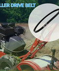 4L670 Replacement V Belt For Rear Tine Tillers Fits Part 32993 shown on a garden tiller background