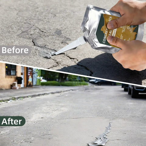 Applying Self Leveling Concrete Crack Filler for Driveways and Patios, Heavy Duty All Weather Elastic Sealant on cracked surface.