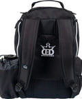 Rear view of Trooper Disc Golf Backpack Holds 18 Plus Discs with padded straps, mesh back panel, and water bottle holder, black color.