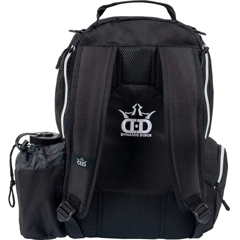 Rear view of Trooper Disc Golf Backpack Holds 18 Plus Discs with padded straps, mesh back panel, and water bottle holder, black color.