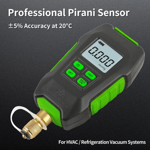 Front view of black and green handheld digital micron vacuum gauge with 1/4 in SAE port for HVAC testing.