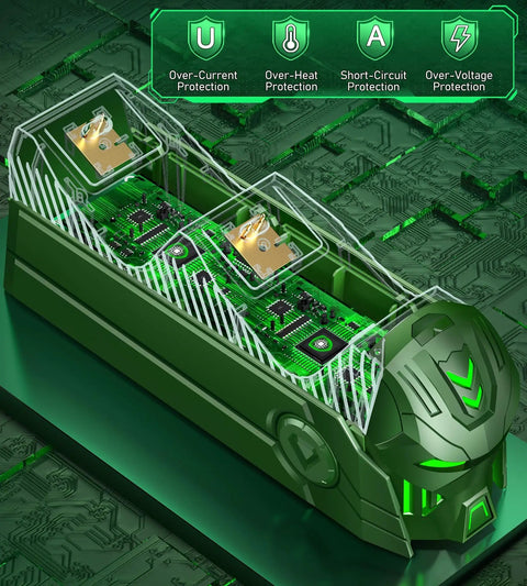 Close-up of Upgraded Dual Controller Charger Dock With 2x5520mWh Rechargeable Battery Packs For Xbox One, green finish, circuitry visible.