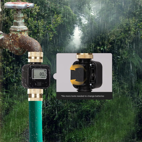 Water Flow Meter With Brass Inlet For Hose And RV Tank Fill in use, showing digital display and brass fittings in a garden setting
