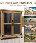 Weatherproof Outdoor Storage Cabinet with lockable doors, durable wood and metal shed, adjustable shelves, for patio storage.
