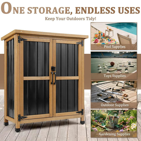 Weatherproof Outdoor Storage Cabinet with lockable doors, durable wood and metal shed, adjustable shelves, for patio storage.