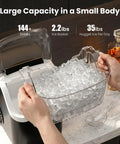No Sweat Countertop Nugget Ice Maker Grinds Out 35 Pounds Of Smooth Crushed Pebble Ice Daily With Lightning Fast Five Minute Batches And A Roomy Built In Water Reservoir with ice basket filled with nugget ice.
