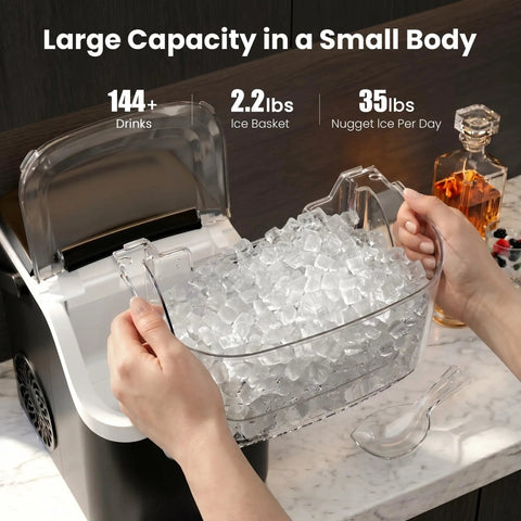 No Sweat Countertop Nugget Ice Maker Grinds Out 35 Pounds Of Smooth Crushed Pebble Ice Daily With Lightning Fast Five Minute Batches And A Roomy Built In Water Reservoir with ice basket filled with nugget ice.