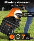 Person moving Heavy Duty 15 Amp Electric Wood Chipper Shredder With 50 Liter Bag, showing orange finish, wheels, and handle.