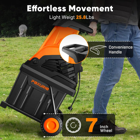 Person moving Heavy Duty 15 Amp Electric Wood Chipper Shredder With 50 Liter Bag, showing orange finish, wheels, and handle.