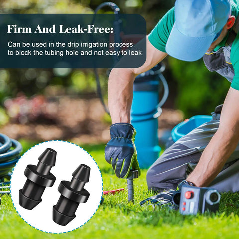 Person using Drip Irrigation Plugs 1/4 Inch Tube Closure Goof Hole Plugs Irrigation Stopper For Garden And Lawn Black 150 Pieces
