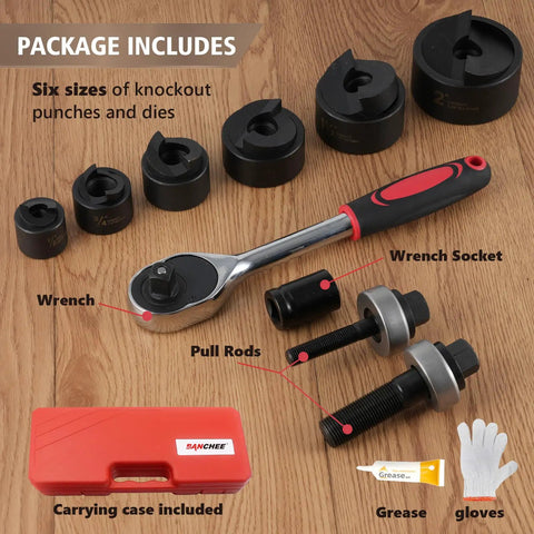 Ratchet Knockout Hole Punch Driver Kit Workhorse One Half To Two Inch Slug Buster KO Tool Set with tools and accessories