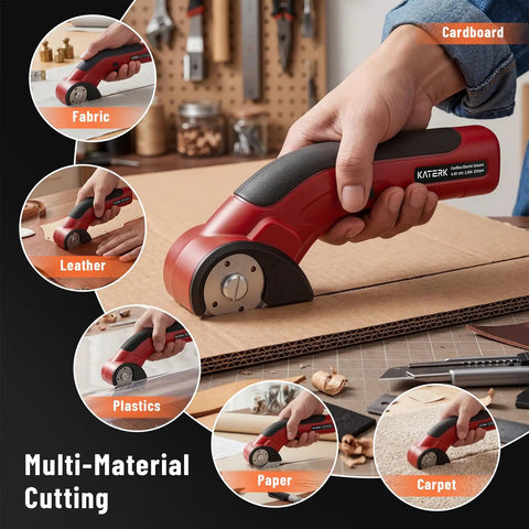Katerk 4.4V Cordless Electric Scissors & Cardboard Cutter With 2pcs Blades used for cutting cardboard, fabric, leather, and paper.