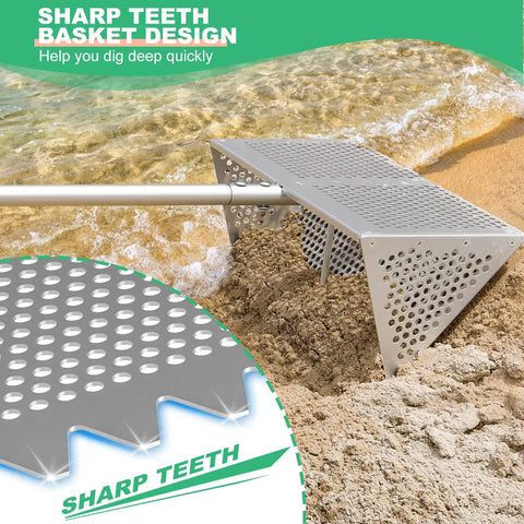 16 Inch Aluminum Sand Flea Rake With Sifter Basket And Scoop For Beach Fishing Bait, Lightweight Yet Durable Aluminum Beach Tool With Corrosion Resistant Build, Ergonomic, Back Friendly, Makes Sand Flea Hunting And Bait Gathering A Breeze