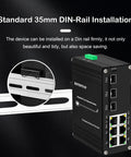 9-Port Unmanaged Industrial Ethernet Hardened Network Fiber Switch mounted on a DIN rail with RJ45 and SFP ports visible.