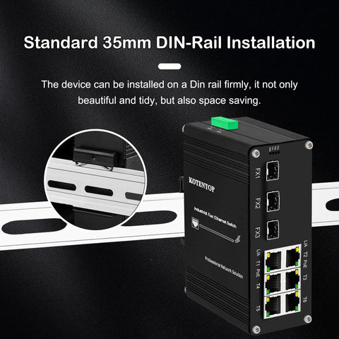 9-Port Unmanaged Industrial Ethernet Hardened Network Fiber Switch mounted on a DIN rail with RJ45 and SFP ports visible.