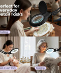 LED Magnifying Floor Lamp With Dual Bifocal Lenses 2.25x And 6x, 1200 Lumens, in use for crafting, nail work, and reading