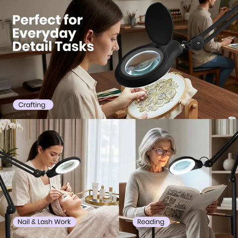 LED Magnifying Floor Lamp With Dual Bifocal Lenses 2.25x And 6x, 1200 Lumens, in use for crafting, nail work, and reading