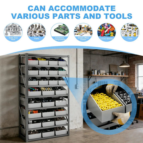 8 Tier Heavy Duty Steel Storage Rack With 27 Bins Shelving Unit Built Tough Durable Steel Frame Easy Assembly in workshop