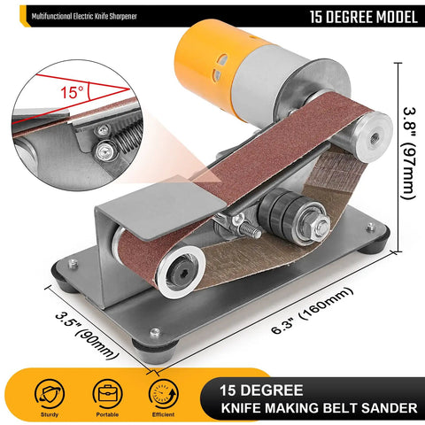 7 Speed Electric Knife Sharpening System with Belt Grinder, adjustable 15-degree model showing compact size and sturdy build.