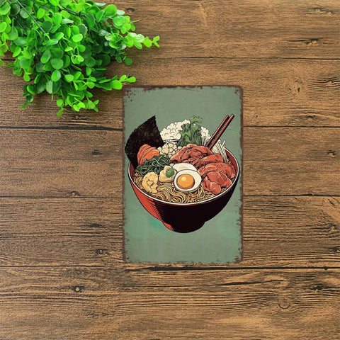 Funny Vintage Metal Sign Ramen Bowl Illustration Tin Wall Art 8x12 Inch Poster For Home Room Garage Office Decor With Rustic Charm And Easy Mounting For That Retro Vibe displayed on wooden surface