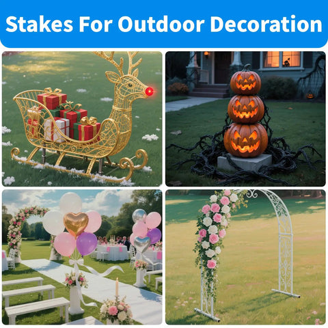 Outdoor decorations with reindeer sleigh, Halloween pumpkins, balloon set up, and floral arch for garden stakes demonstration.