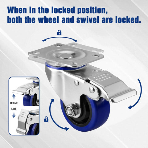 Heavy Duty 3 Inch Swivel Caster Wheels Set Of 4, showing the lock mechanism for fixed wheel and swivel positions.