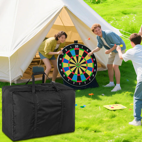 Heavy Duty Tent Storage Bag With Padded Handles, Waterproof 600D Oxford, shown by a tent and dart game, 32x16x24 inches, black