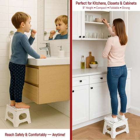 Child and adult using Ultra Sturdy Folding Step Stool 11 Inch Open In A Snap, Supports Up To 300 Lb, Lightweight And Compact Yet Tough.