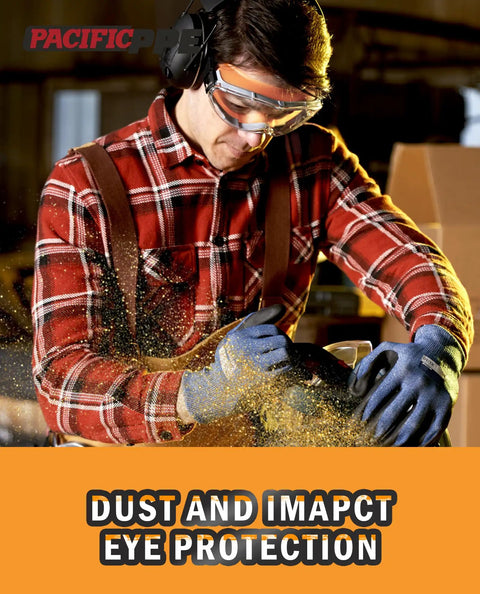 Woodworker wearing Wide Vision Safety Glasses With Anti-Fog And Anti-Scratch Wraparound Lenses Adjustable Strap Polycarbonate Eye Protection for woodworking.