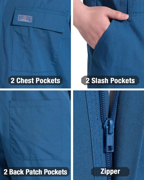 Mens Short Sleeve Coveralls Shop Grade Mechanic Jumpsuit With Deep Utility Pockets Rugged Cotton Poly Blend showcasing pockets and zipper.