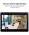 Tablet displaying Indoor 1080p Security Cam With Night Vision, 24 Seven Live Video, showing a kitchen in high definition.