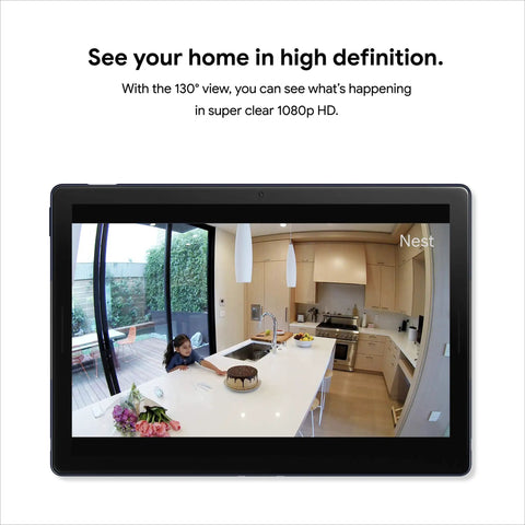 Tablet displaying Indoor 1080p Security Cam With Night Vision, 24 Seven Live Video, showing a kitchen in high definition.