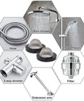 Eight Pack Hose Filter Washers With 60 Mesh Stainless Steel Screens For One Half Inch Garden Hose Connectors And Water Faucets, Premium Inlet Screen Gaskets That Fit Toilet Pipes And Shower Heads, Black showing various shower components