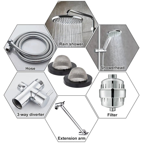 Eight Pack Hose Filter Washers With 60 Mesh Stainless Steel Screens For One Half Inch Garden Hose Connectors And Water Faucets, Premium Inlet Screen Gaskets That Fit Toilet Pipes And Shower Heads, Black showing various shower components
