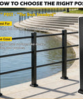 Premium Heavy Duty 45 Inch Black Powder Coated Aluminum Railing Post Kit next to a water body, ideal for decks and porches.