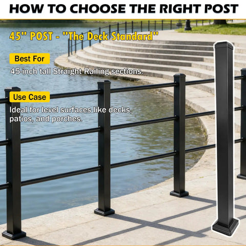 Premium Heavy Duty 45 Inch Black Powder Coated Aluminum Railing Post Kit next to a water body, ideal for decks and porches.
