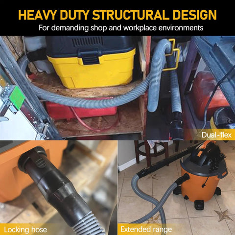 Universal 1 7/8 Inch Vacuum Hose, 7 Foot Replacement for Wet Dry Shop Vacuums connected to a yellow vacuum in garage