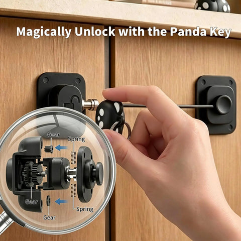 Hand using panda key to unlock two pack magnetic cabinet lock with childproof fridge and cabinets, easy no drill installation