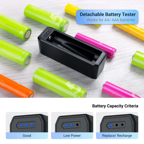 Heavy Duty Storage Box For Forty Four Aaa Batteries With Detachable Tester on a table, surrounded by AA and AAA batteries.