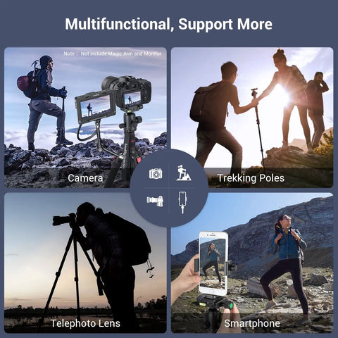 Beast 71 Inch Foldable Aluminum Camera Tripod With Detachable 360 Degree Ball Head used with camera, trekking poles, telephoto lens, smartphone