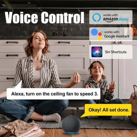Woman using voice control for 52 Inch Smart Ceiling Fan With Light And 5 Blades Low Profile Design 10 Speed DC Motor Delivers Strong Airflow Up To 4120 CFM With Quiet 58 Decibels Dimmable LED Works With App Alexa Google Assistant Siri Shortcuts White