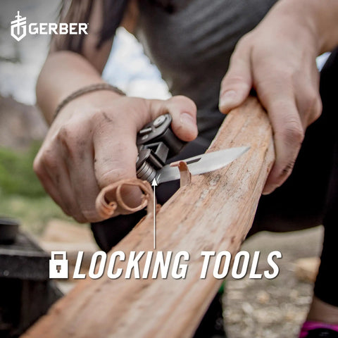 Truss 17 In 1 EDC Pliers Multi Tool With Knife being used to shave wood outdoors
