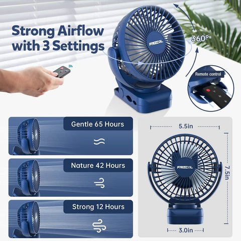 Clip On Fan With 12000mAh Battery All Day Portable Desk Fan USB Rechargeable With LED Lights Remote Control And Clip Mount Tiny Yet Mighty For Tents Travel Camping Golf Cart Stroller 65 Hours Runtime shown with dimensions and remote control