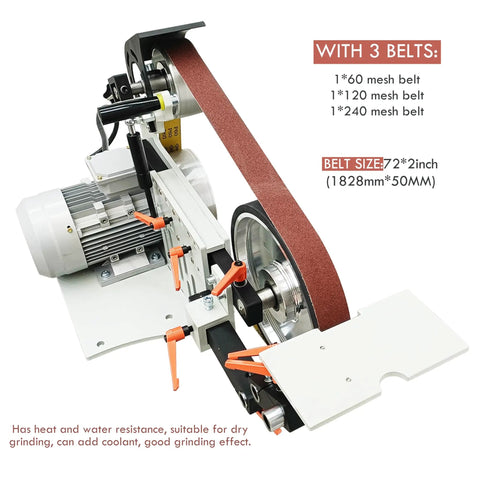 No Sweat Heavy Duty Bench Belt Sander Featuring Variable Speed Operation Compatible With 72 To 83 Inch Sanding Belts, showing 72x2 inch belts.