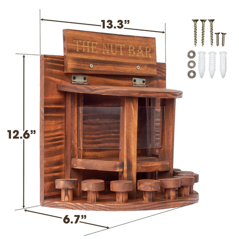 Crescent Wooden Squirrel Feeder Table for outdoor use with transparent sides and stool bars, showing dimensions and mounting screws
